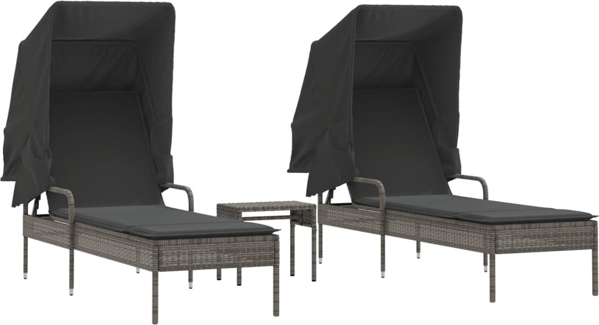Vidaxl Sonnenliegen mit Dach und Tisch, 2 Stück, Grau, Polyrattan