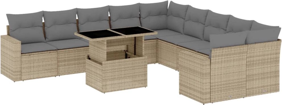 Vidaxl 11-Cz. Gartenmöbel-Set mit Kissen, Beige, Polyrattan