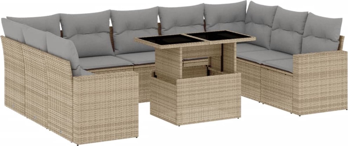 Vidaxl 10-Cz. Gartenmöbel-Set mit Kissen, Beige, Polyrattan