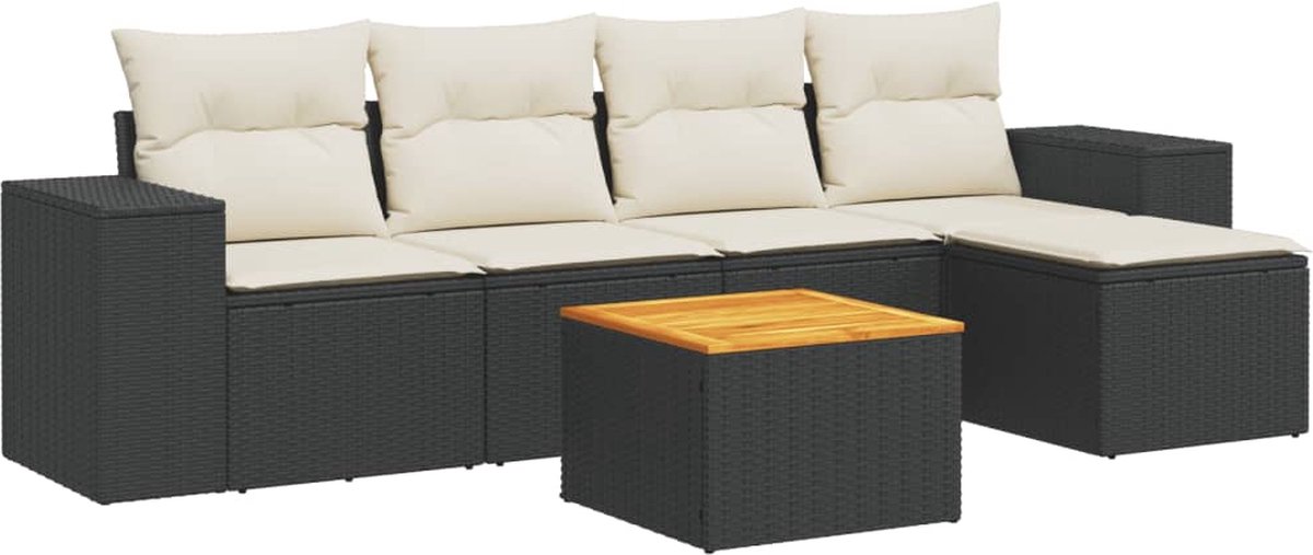 Vidaxl 6-Cz. Gartenmöbel-Set mit Kissen, Schwarzer Polyrattan