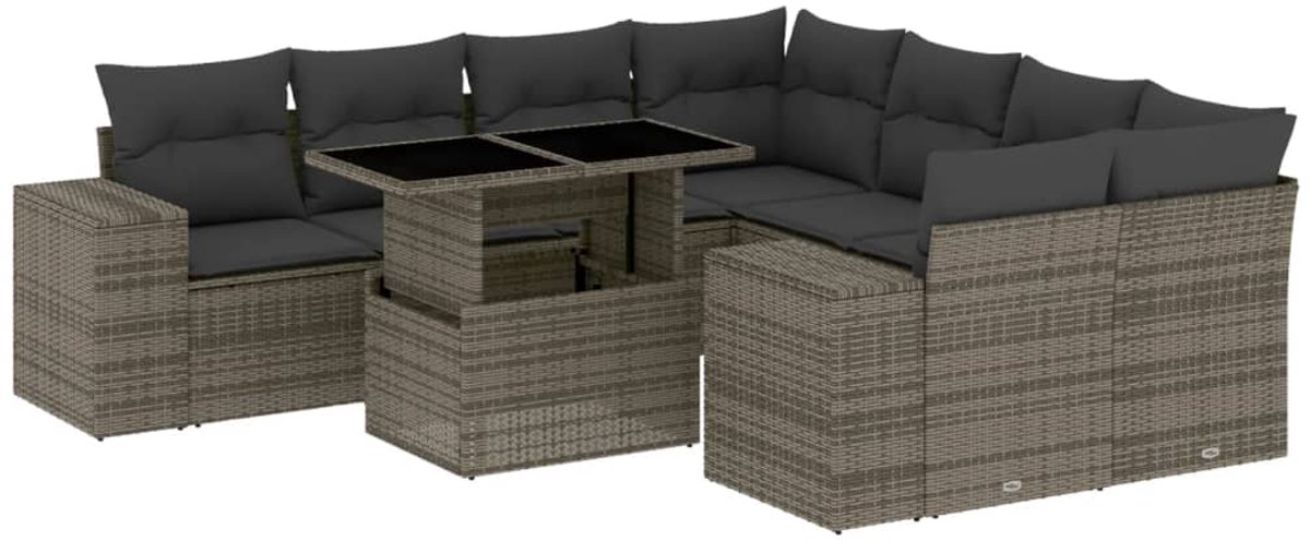Vidaxl 9-Cz. Gartenmöbel-Set mit Kissen, Grau, Polyrattan