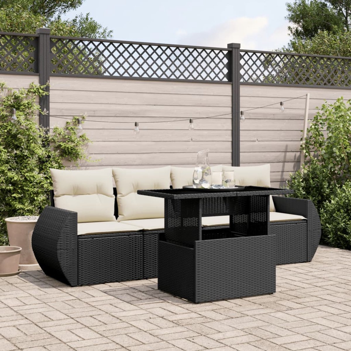 Vidaxl 5-Cz. Garten-Sitzgruppe, Kissen, Schwarzer PE-Rattan