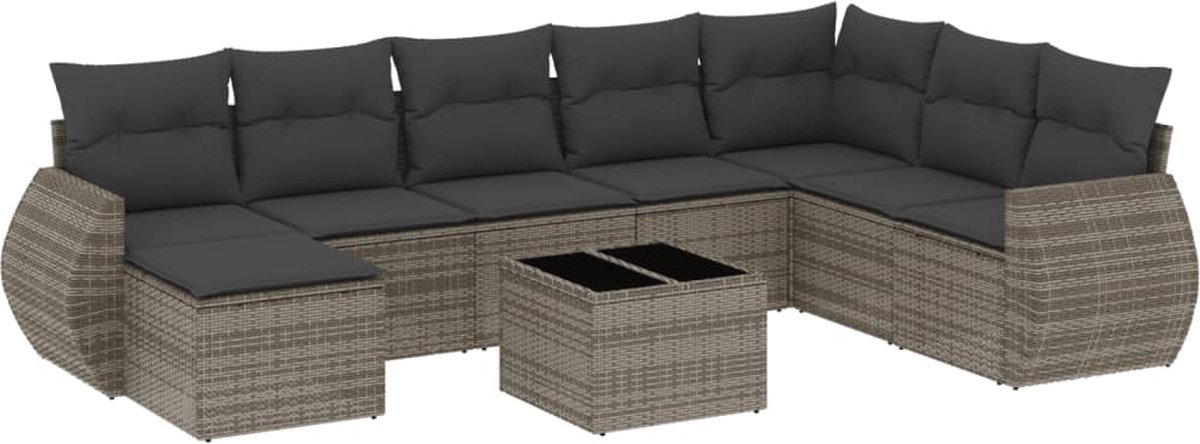 Vidaxl 9-Cz. Gartenmöbel-Set mit Kissen, Grau, Polyrattan