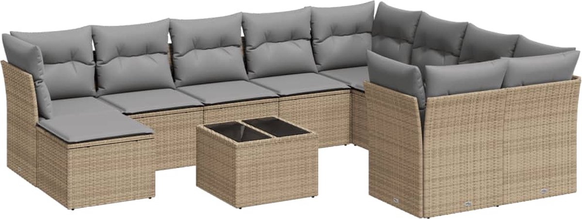 Vidaxl 11-Cz. Gartenmöbel-Set mit Kissen, Beige, Polyrattan