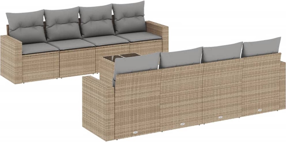 Vidaxl 9-Cz. Gartenmöbel-Set mit Kissen, Beige, Polyrattan