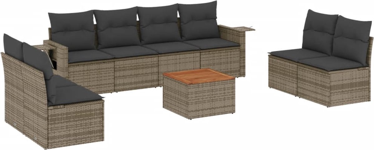 Vidaxl 9-Cz. Gartenmöbel-Set mit Kissen, Grau, Polyrattan