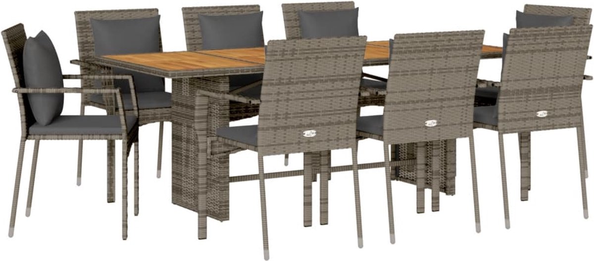 Vidaxl 9-Cz. Gartenmöbel-Set mit Kissen, Grau, PE-Rattan