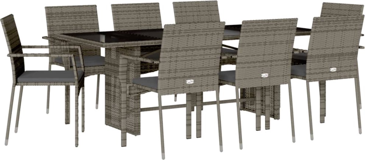 Vidaxl 9-Cz. Gartenmöbel-Set mit Kissen, Grau, PE-Rattan