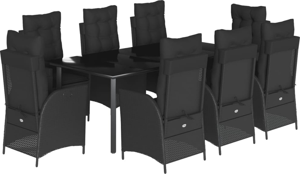 Vidaxl 9-Cz. Gartenmöbel-Set mit Kissen, Schwarz, PE-Rattan