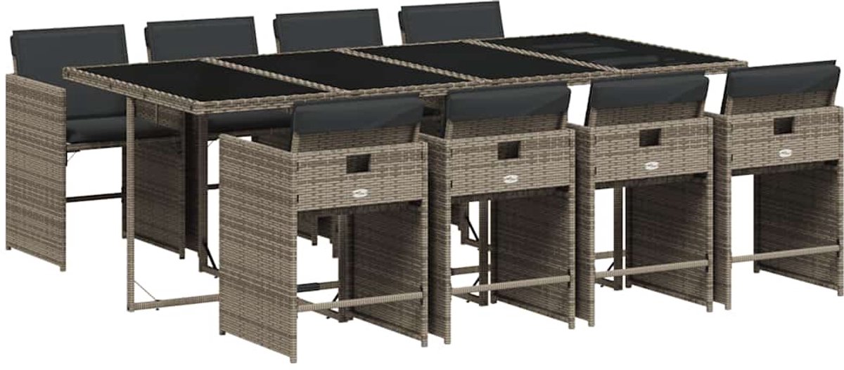 Vidaxl 9-Cz. Gartenmöbel-Set mit Kissen, Grau, PE-Rattan