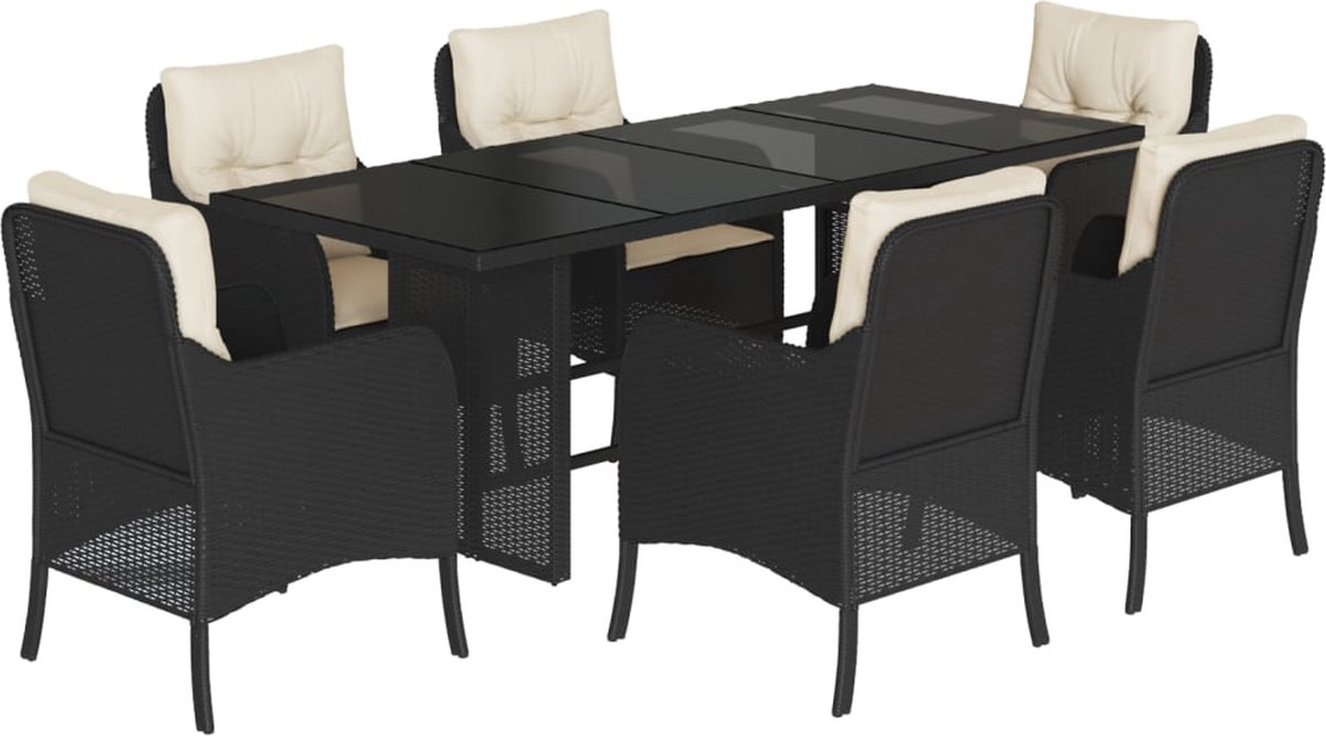 Vidaxl 7-Cz. Gartenmöbel-Set mit Kissen, Schwarz, Polyrattan
