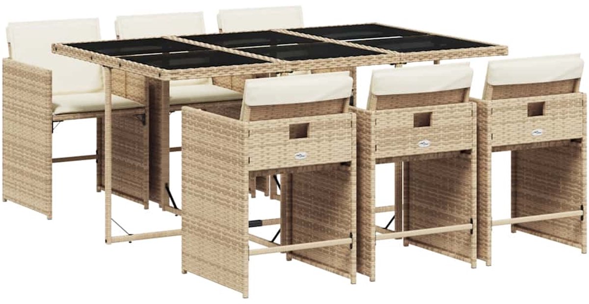 Vidaxl 7-Cz. Gartenmöbel-Set mit Kissen, Beige, Polyrattan