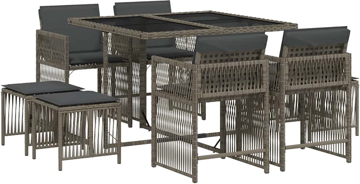 Vidaxl 9-Cz. Gartenmöbel-Set mit Kissen, Grau, PE-Rattan