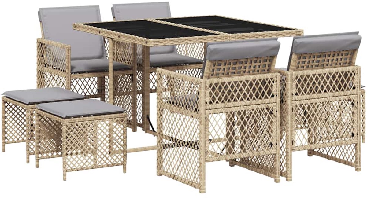 Vidaxl 9-Cz. Gartenmöbel-Set mit Kissen, Beige, Polyrattan