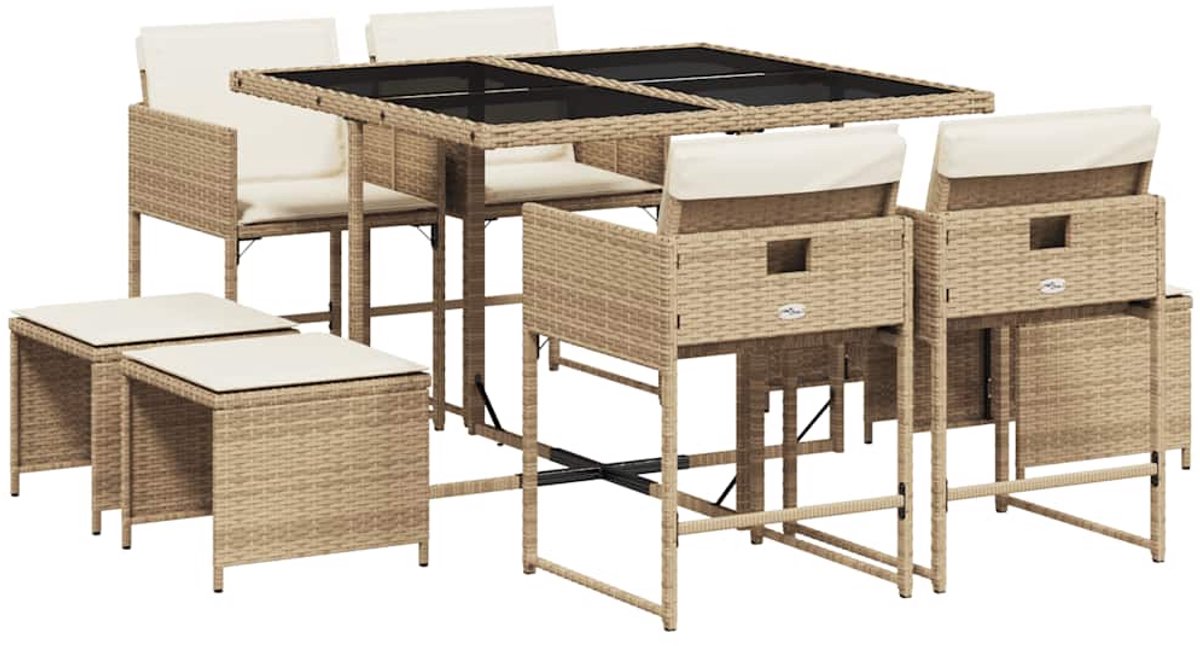 Vidaxl 9-Cz. Gartenmöbel-Set mit Kissen, Beige, Polyrattan