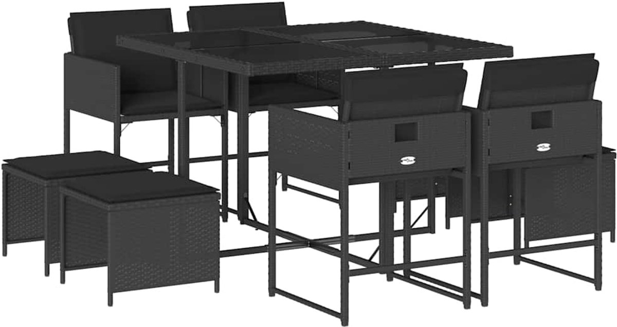 Vidaxl 9-Cz. Gartenmöbel-Set mit Kissen, Schwarz, PE-Rattan