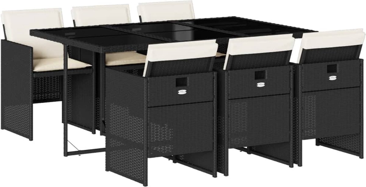 Vidaxl 7-Cz. Gartenmöbel-Set mit Kissen, Schwarz, Polyrattan