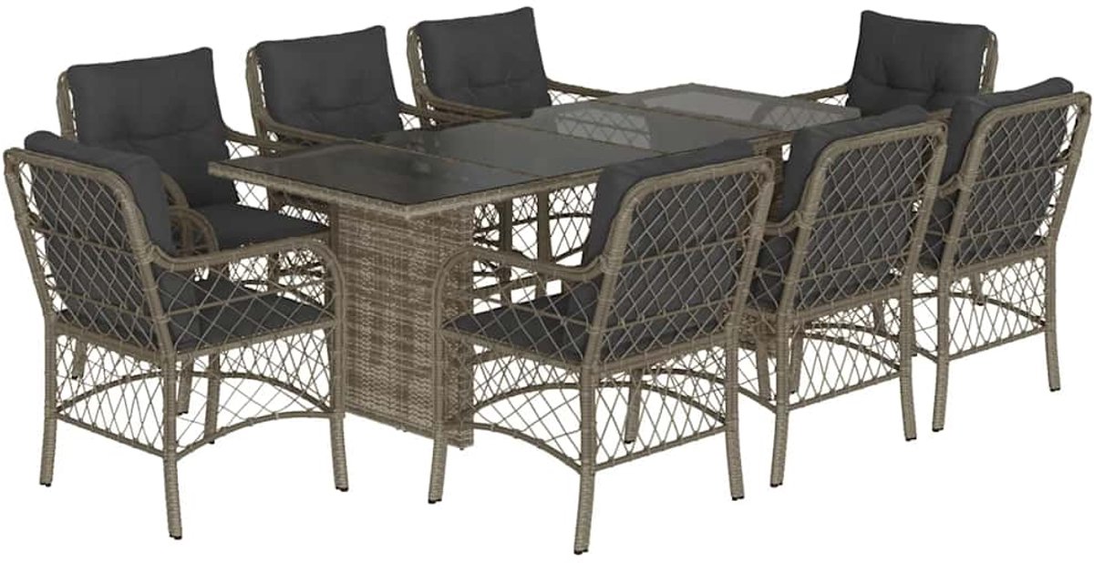 Vidaxl 9-Cz. Gartenmöbel-Set mit Kissen, Grau, PE-Rattan
