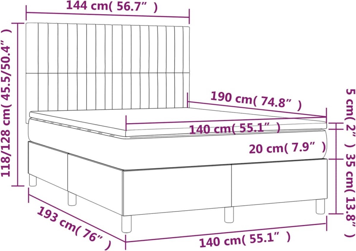 Vidaxl Kontinentalbett Mit Matratze Und LED, Grauer Samt, 140X190Cm