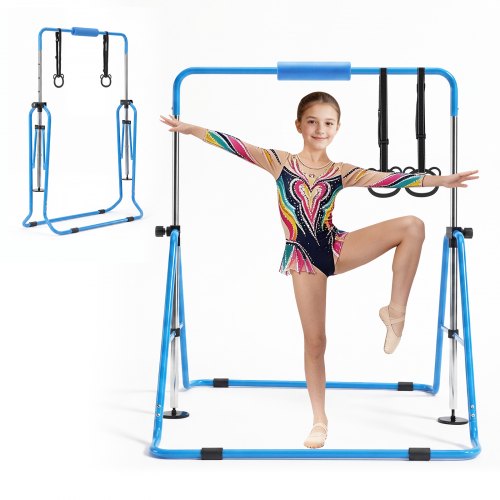 VEVOR Gymnastic Bars for Kids, 63.5 kg Capacity Folding Training Kip Bar, Adjustable Height Gymnastic Horizontal Bar for Home, Training Equipment for Indoor and Outdoor, Easy to Assemble, Blue