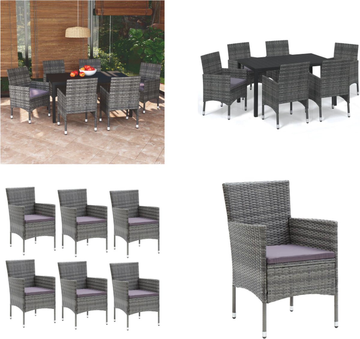 Vidaxl 7-Cz. Gartenmöbel-Set mit Kissen, Polyrattan, Grau