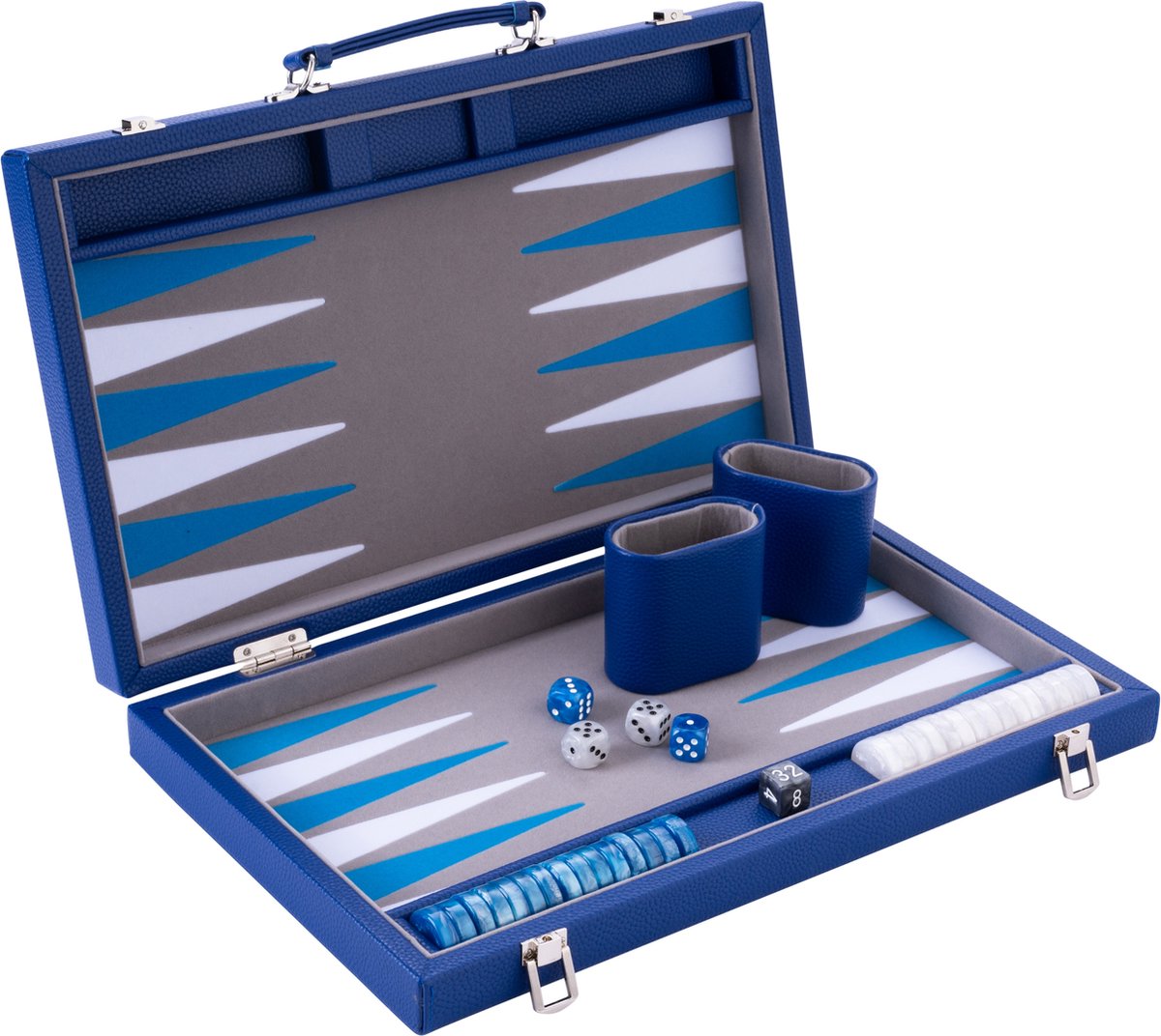 Backgammon 18  de Luxe - ENGELHART - eingelegter Filz - perlmuttfarbene Würfel und Chips