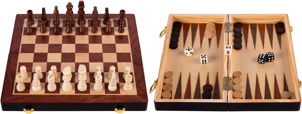 Faltbare Schach- und Backgammon-Setbox 30 cm x 30 cm aus Eschenholz