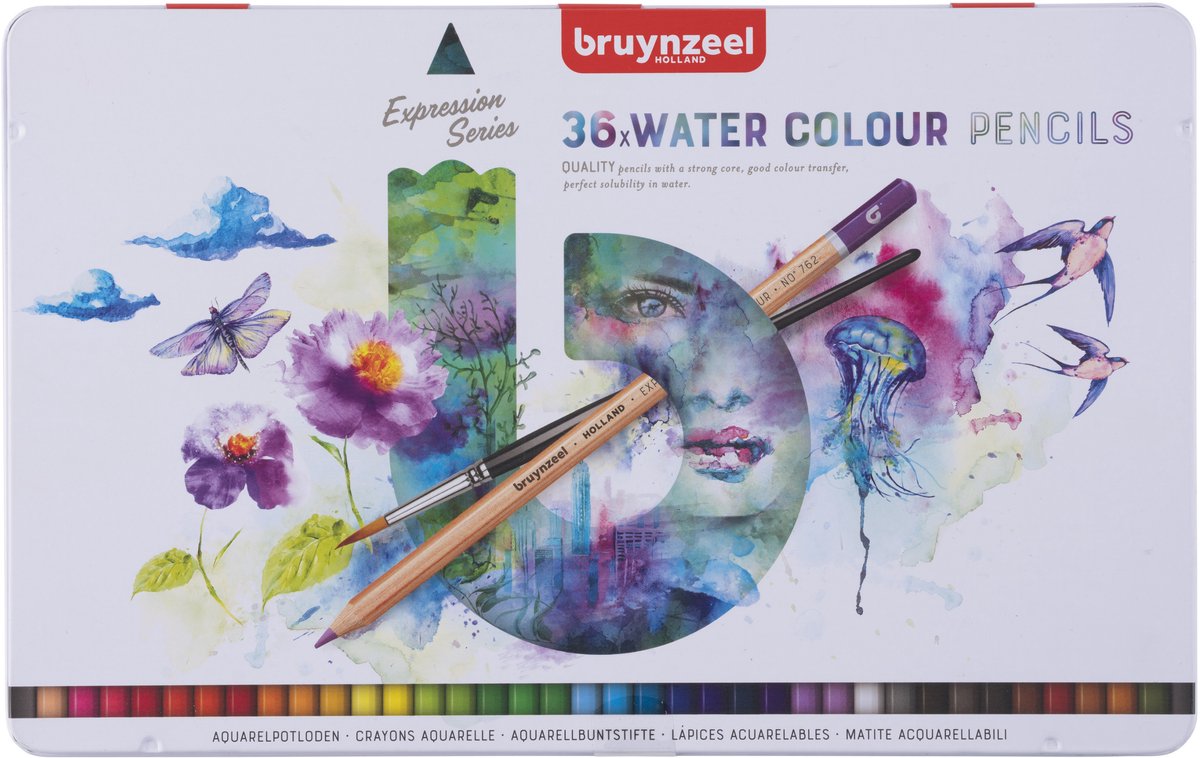 Crayons de couleur aquarelle - BRUYNZEEL - Expression - Étui de 36 - Hexagonal - Mine 2,9 mm