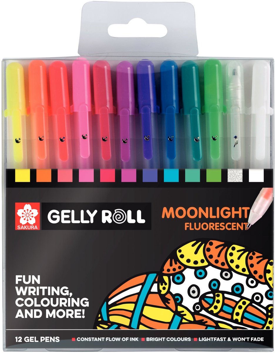 Set mit 12 Gelstiften - SAKURA - Gelly Roll Moonlight - Fluoreszierend - Glitzernd - Feine Spitze
