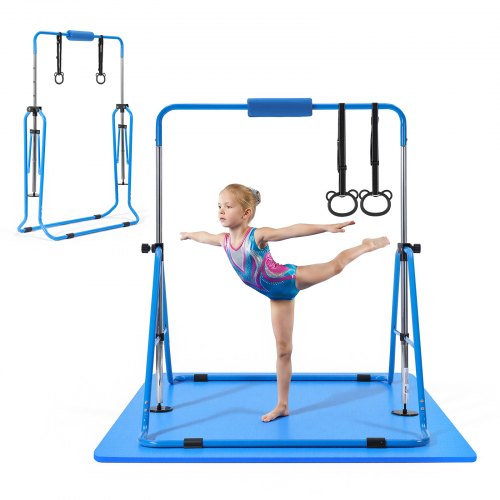 VEVOR Gymnastic Bars for Kids, 63.5 kg Capacity Folding Training Kip Bar with Mat, Adjustable Height Gymnastic Horizontal Bar for Home, Training Equipment for Indoor Outdoor, Easy to Assemble, Blue