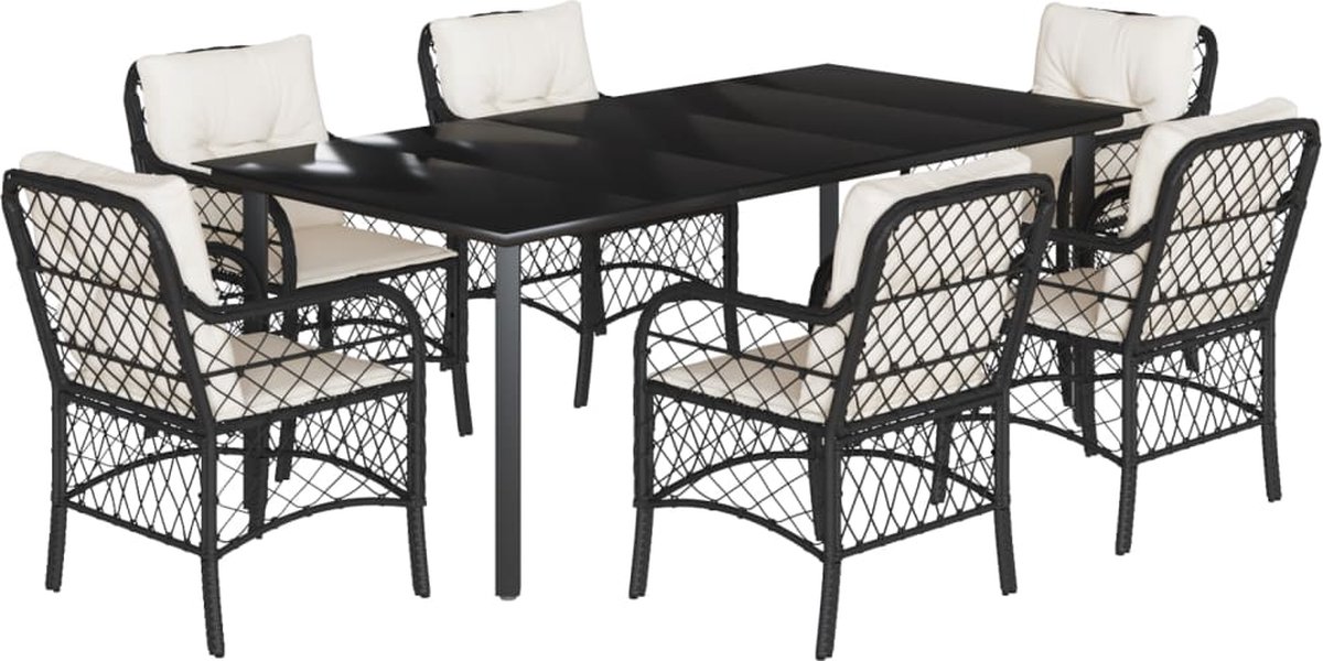Vidaxl 7-Cz. Gartenmöbel-Set mit Kissen, Schwarz, Polyrattan