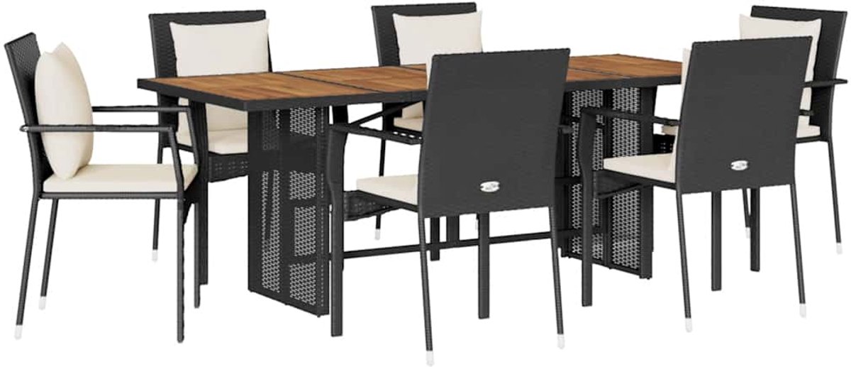Vidaxl 7-Cz. Gartenmöbel-Set mit Kissen, Schwarz, Polyrattan