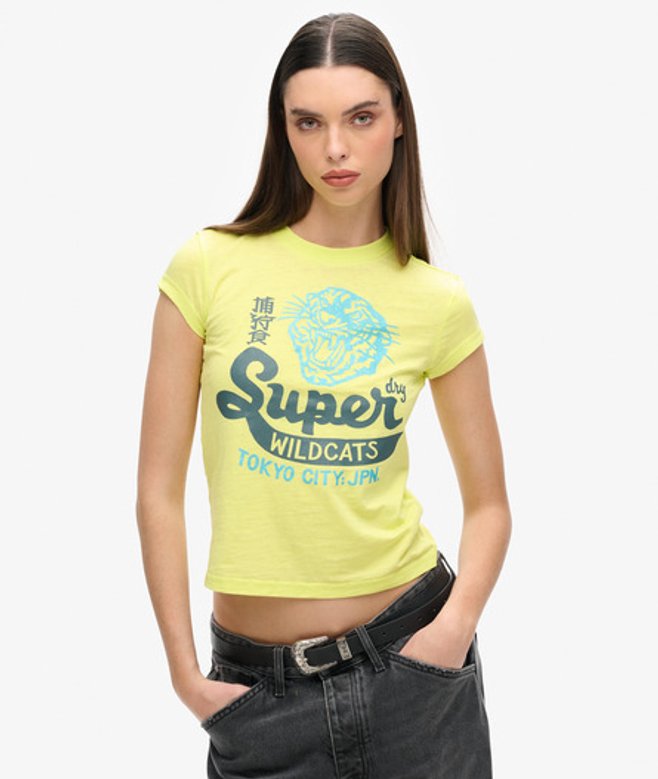 Superdry Damen Varsity T-shirt in Ausbrenneroptik Gelb - Größe: 42