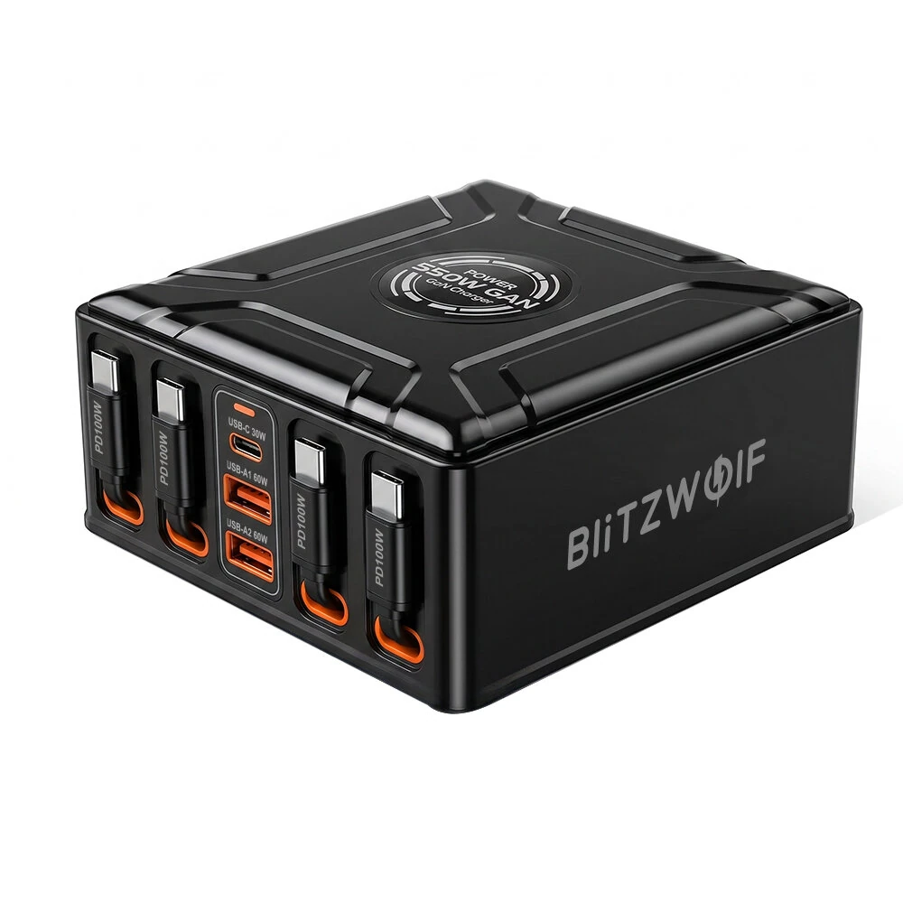 [GaN Tech] Blitzwolf® BW-S34 550W 7 Ports USB PD Ladegerät mit Ausziehbarem Kabel 5USB-C+2USB-A QC PD Schnellladestation