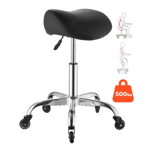VEVOR Saddle Stool with Wheels, 226.8kg Weight Capacity, Height Adjustable, Quiet Casters, Ergonomic PU Leather Seat, 360° Swivel Saddle Stool Rolling Chair for Salon, Spa, Bar, Home, Medical, Black