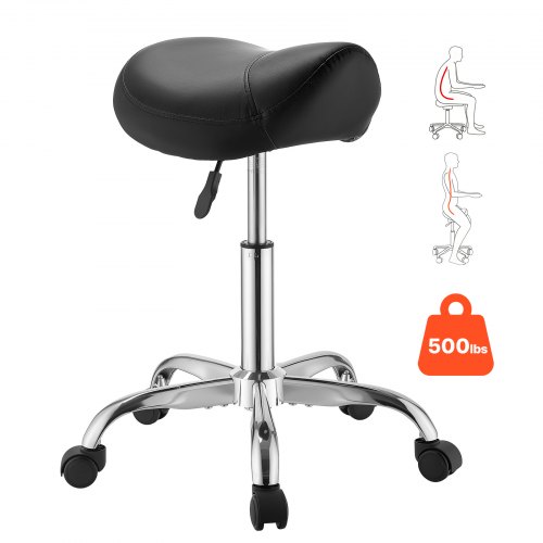 VEVOR Saddle Stool with Wheels, 226.8kg Weight Capacity, Height Adjustable, Ergonomic PU Leather Seat, 360° Swivel Saddle Stool Rolling Chair for Salon, Spa, Bar, Home, Medical, and Massage, Black