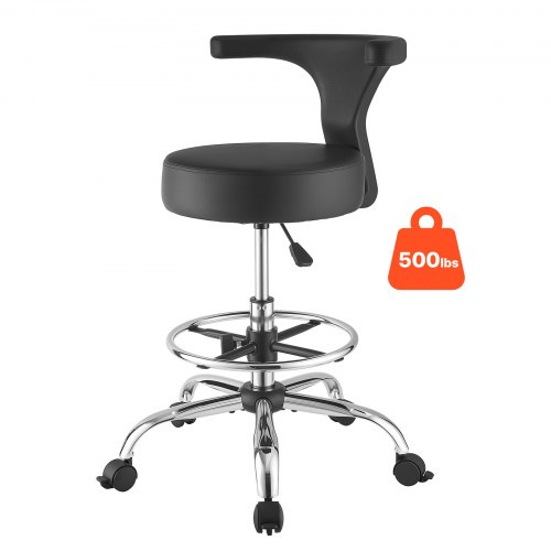 VEVOR Rolling Stool with Back Support, 226.8kg Weight Capacity, Height Adjustable, Thick Cushion Ergonomic PU Leather Seat, 360° Swivel Round Rolling Stool Chair for Dental, Salon, Clinic, Black