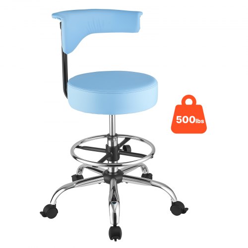 VEVOR Rolling Stool with Back Support, 226.8kg Weight Capacity, Height Adjustable, Thick Cushion Ergonomic PU Leather Seat, 360° Swivel Round Rolling Stool Chair for Dental, Salon, Clinic, Blue