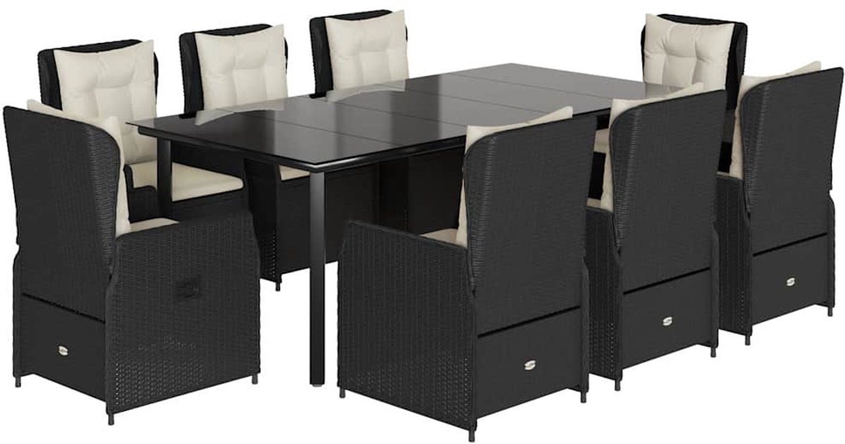 Vidaxl 9-Cz. Gartenmöbel-Set mit Kissen, Schwarz, PE-Rattan