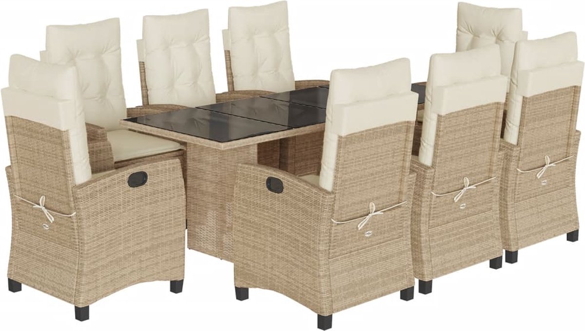 Vidaxl 9-Cz. Gartenmöbel-Set mit Kissen, Beige, Polyrattan
