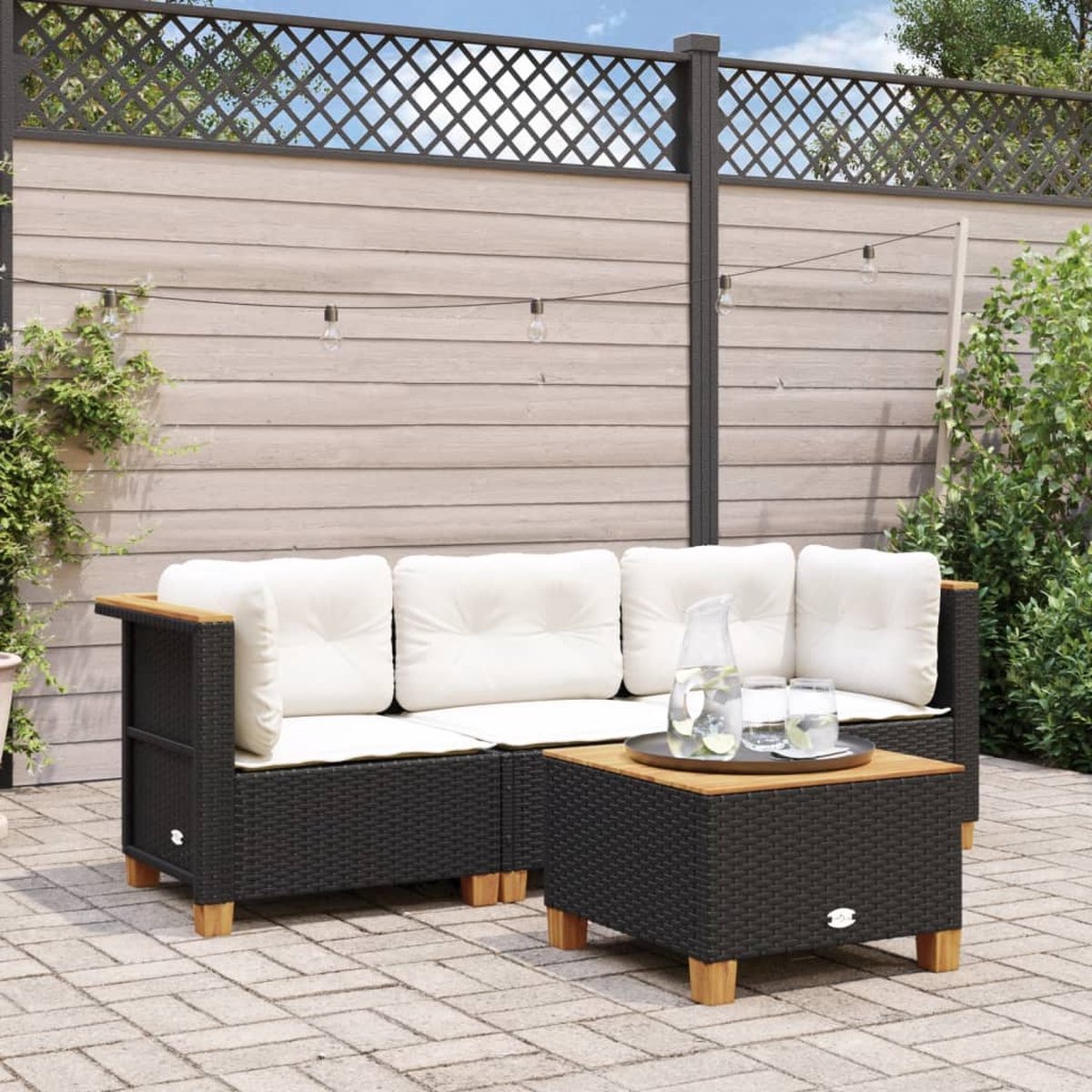 Vidaxl Gartensofa mit Kissen, 3-Sitzer, Schwarz, Polyrattan