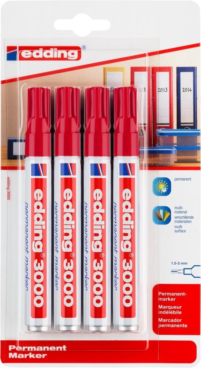 10 x Edding Permanentmarker edding 3000 nachfüllbar 1,5-3mm rot 4 Stüc