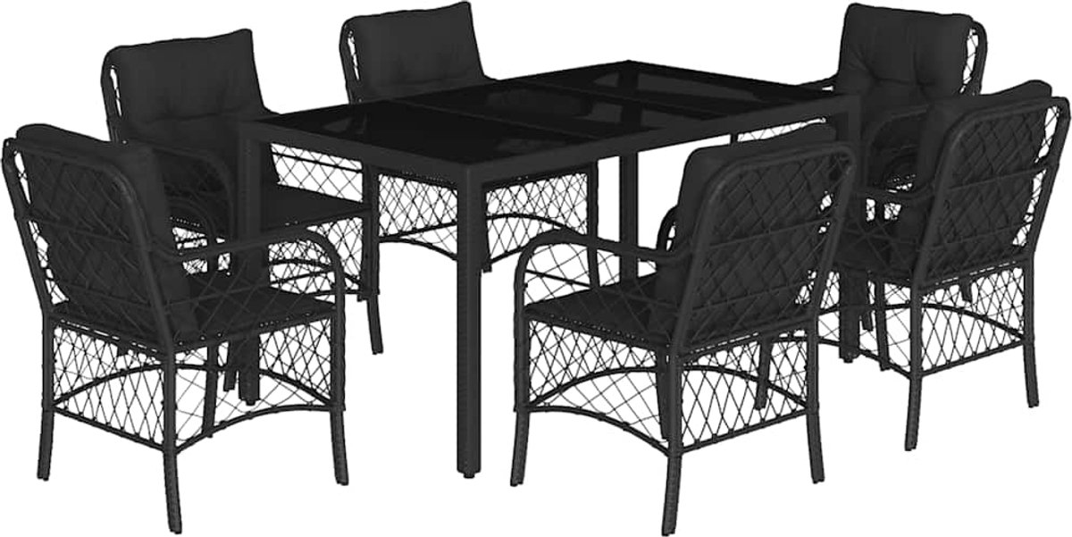 Vidaxl 7-Cz. Gartenmöbel-Set mit Kissen, Schwarz, Polyrattan