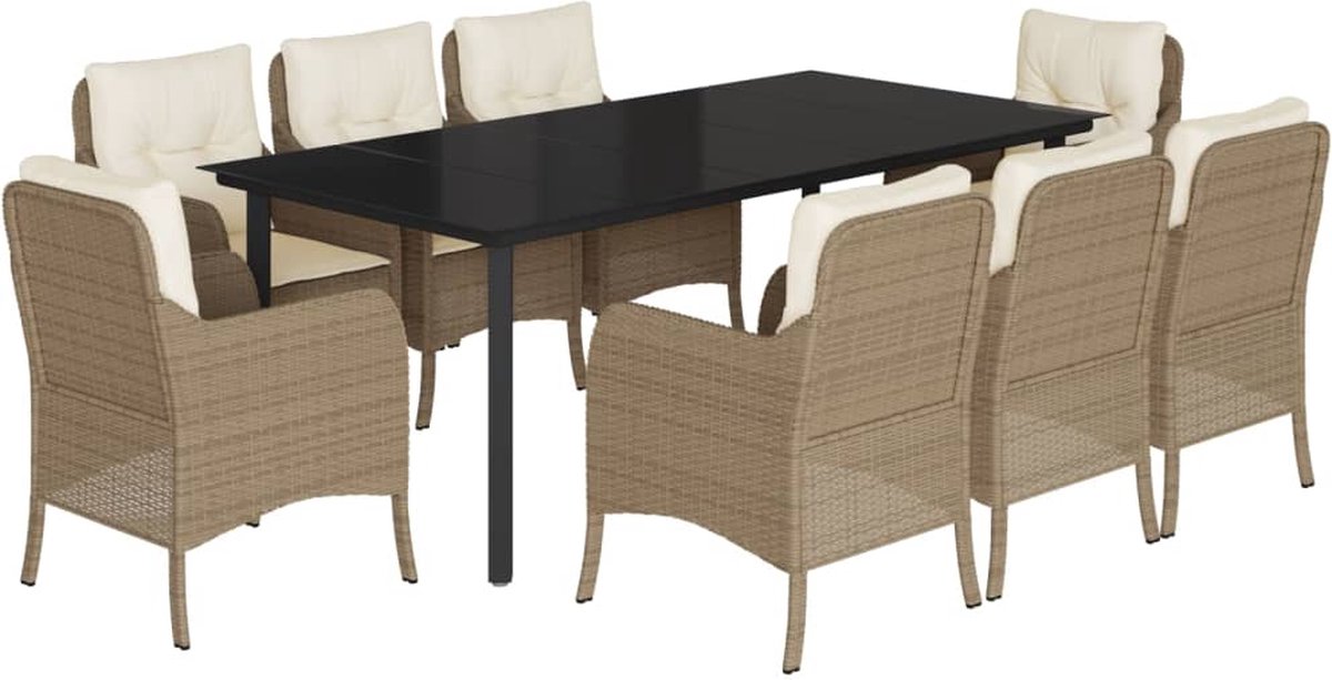 Vidaxl 9-Cz. Gartenmöbel-Set mit Kissen, Beige, Polyrattan
