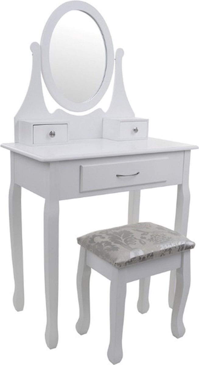 Coiffeuse en bois blanc – mit Miroir und Tabouret Assorti – 3 Tiroirs