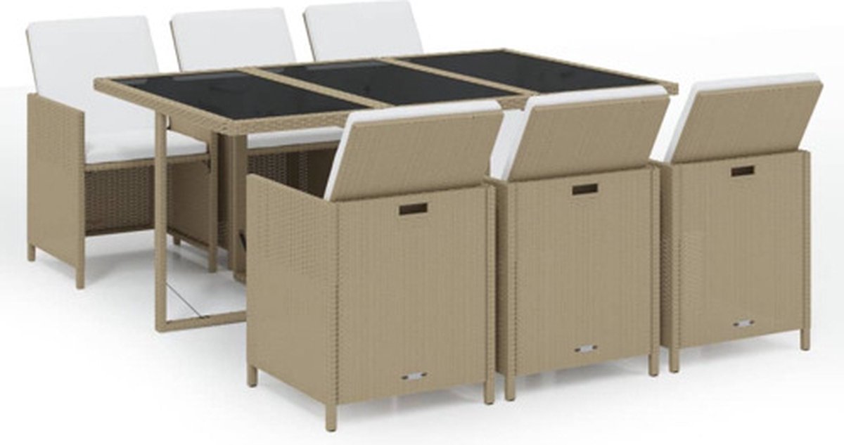 Vidaxl 7-Cz. Gartenmöbel-Set mit Kissen, Polyrattan, Beige