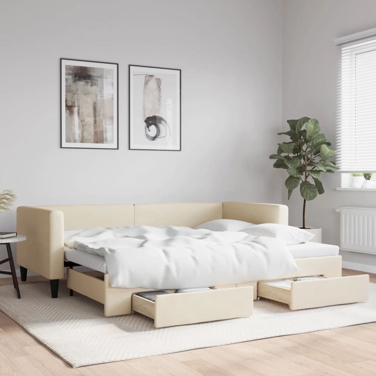Vidaxl Schlafsofa mit Schubladen, Cremefarben, 90x200 cm, Stoff