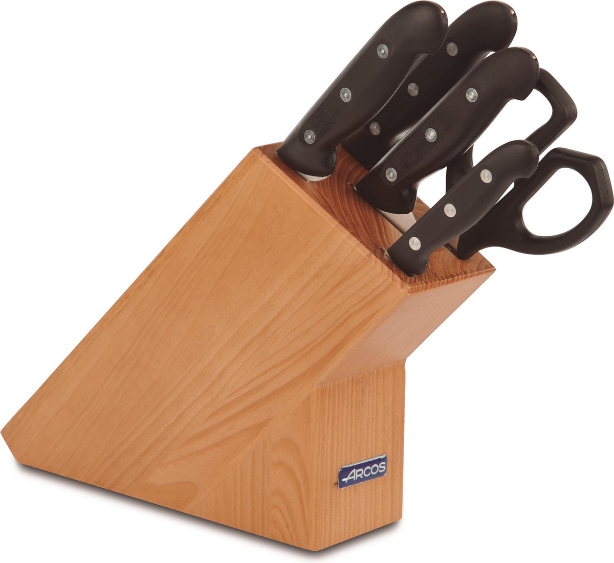 Bloc de couteaux - Arcos - MAITRE - 4 couteaux + 1 ciseaux - Lames en acier inox NITRUM - Bois en pin