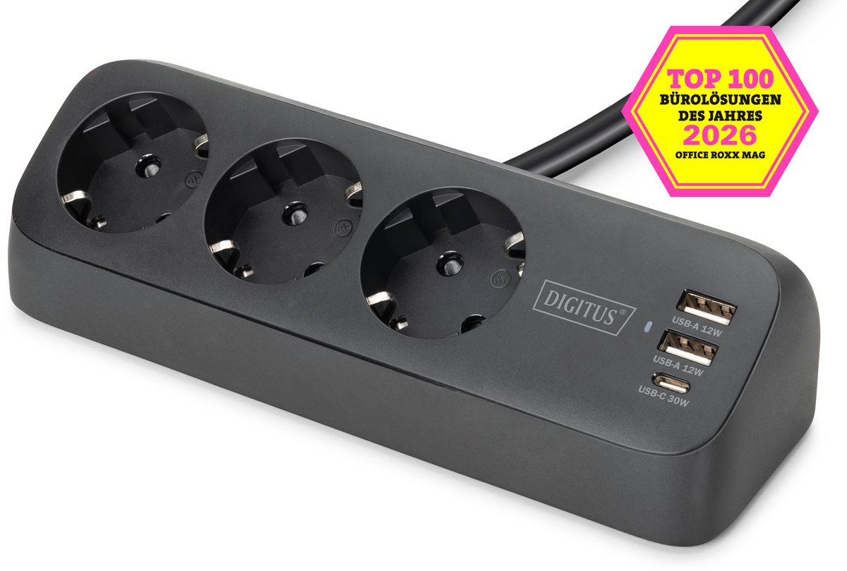 Assmann DIGITUS 3-fach Office-Steckdosenl. mit 2xUSB-A und 1x USB C sw