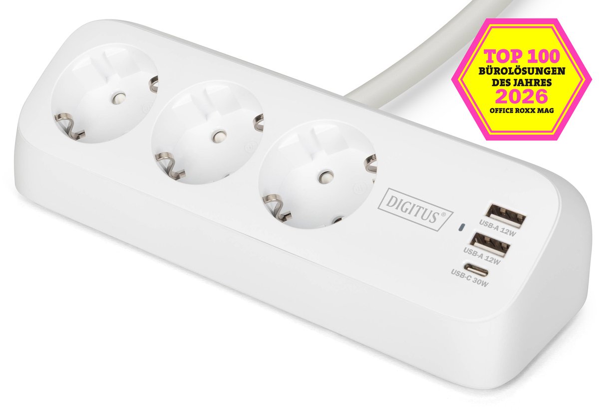 Assmann DIGITUS 3-fach Office-Steckdosenl. mit 2xUSB-A und 1x USB C w.